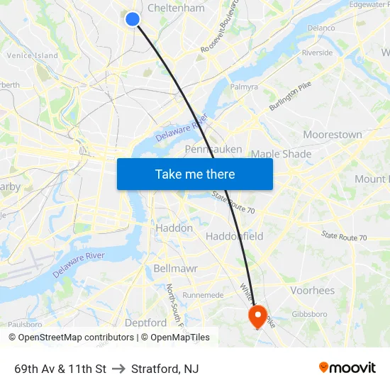 69th Av & 11th St to Stratford, NJ map