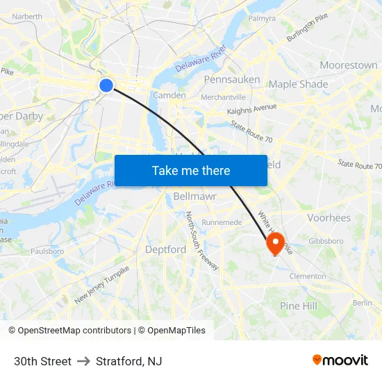30th Street to Stratford, NJ map