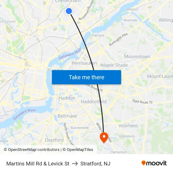 Martins Mill Rd & Levick St to Stratford, NJ map