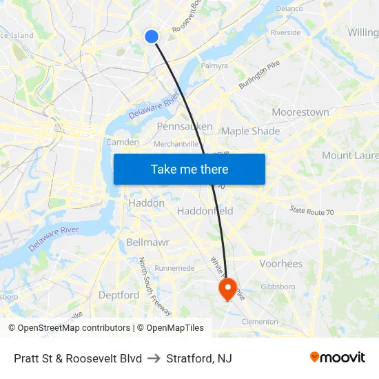 Pratt St & Roosevelt Blvd to Stratford, NJ map