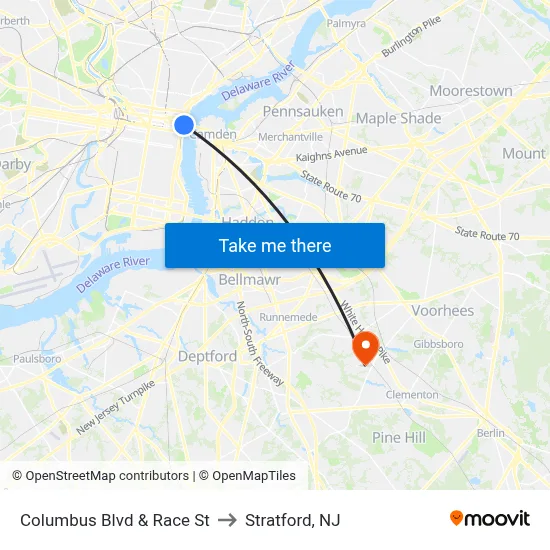 Columbus Blvd & Race St to Stratford, NJ map