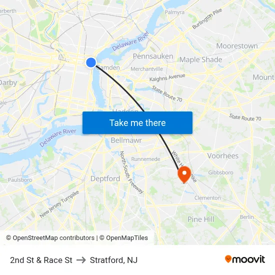 2nd St & Race St to Stratford, NJ map