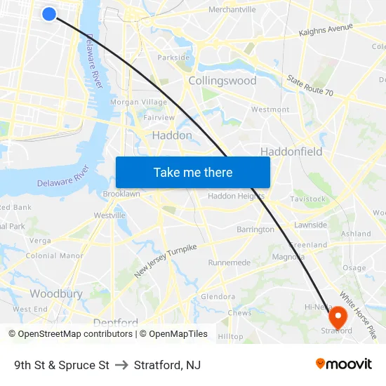 9th St & Spruce St to Stratford, NJ map