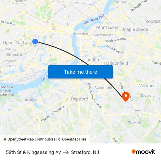 58th St & Kingsessing Av to Stratford, NJ map