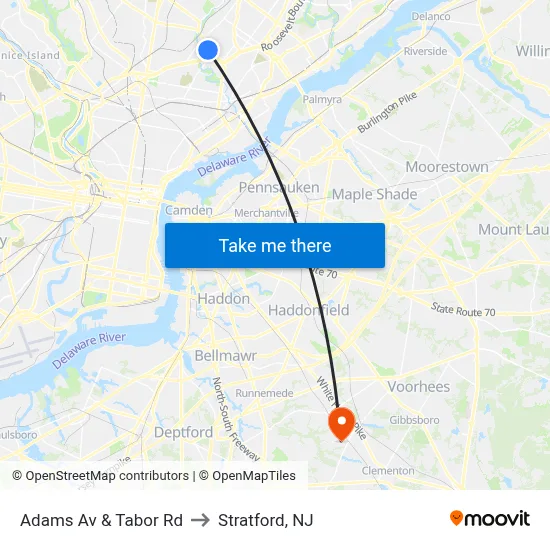 Adams Av & Tabor Rd to Stratford, NJ map