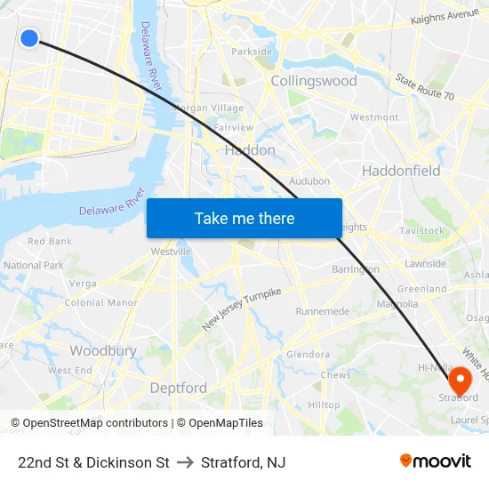 22nd St & Dickinson St to Stratford, NJ map