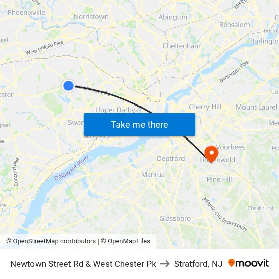 Newtown Street Rd & West Chester Pk to Stratford, NJ map