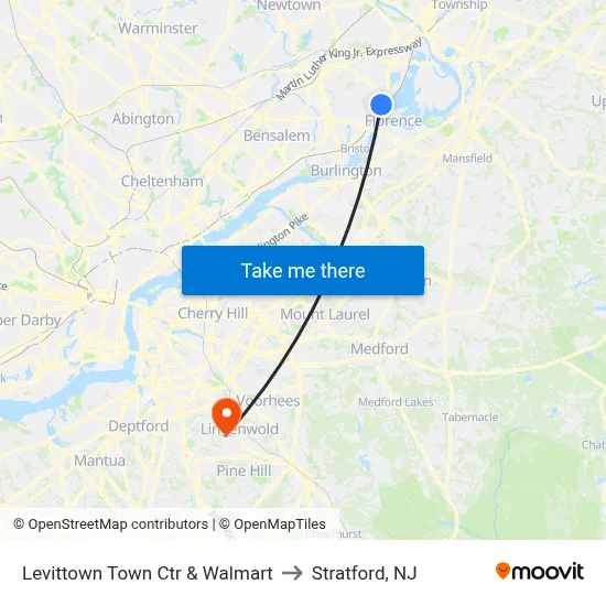 Levittown Town Ctr & Walmart to Stratford, NJ map