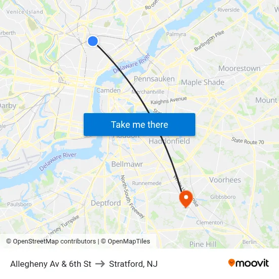 Allegheny Av & 6th St to Stratford, NJ map