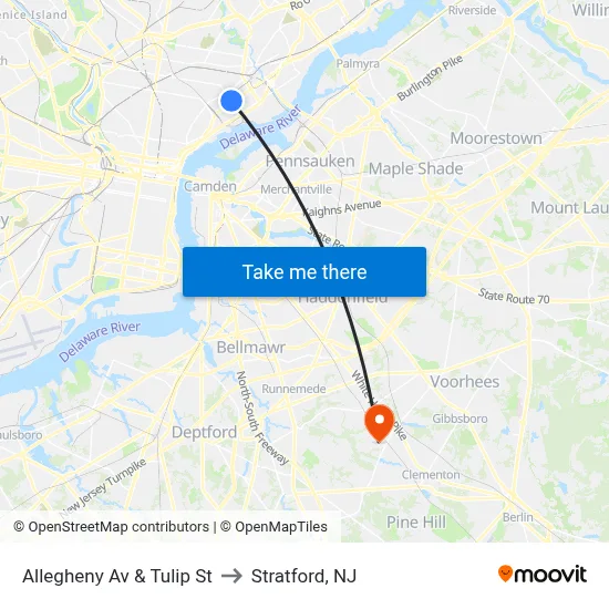 Allegheny Av & Tulip St to Stratford, NJ map