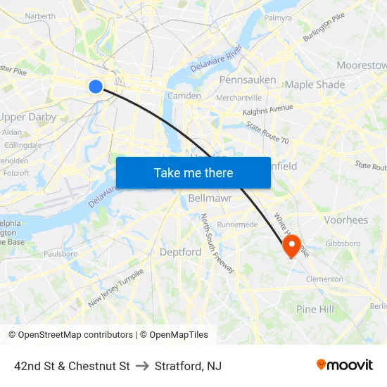 42nd St & Chestnut St to Stratford, NJ map