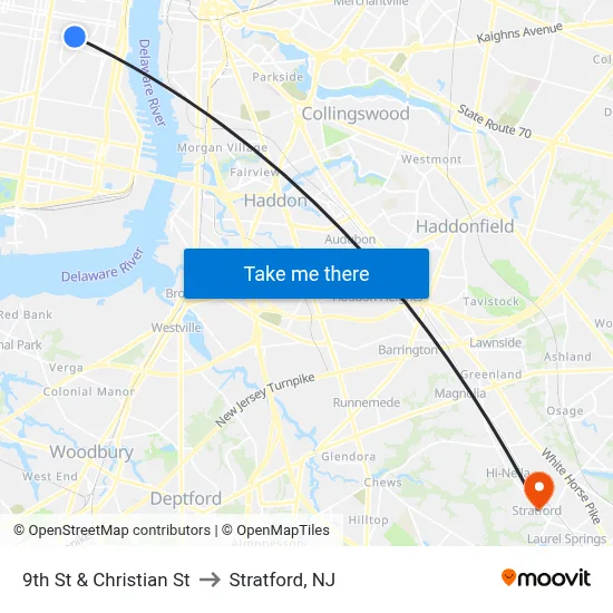 9th St & Christian St to Stratford, NJ map