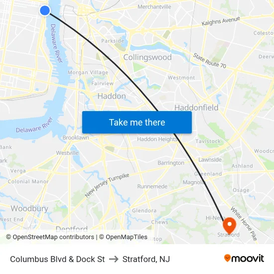 Columbus Blvd & Dock St to Stratford, NJ map