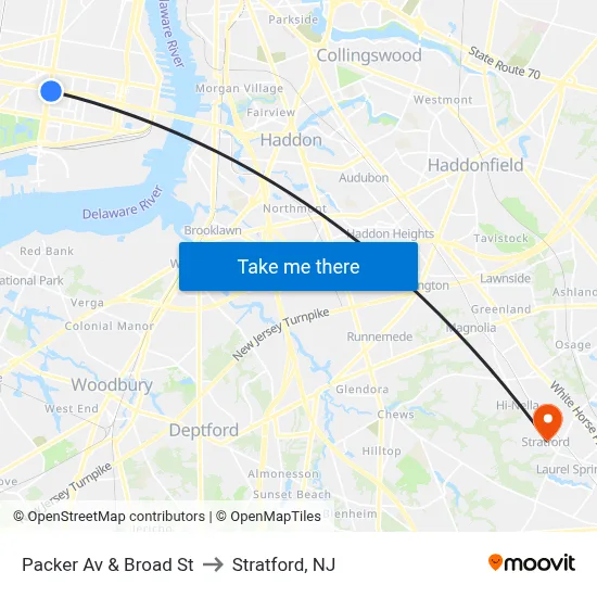 Packer Av & Broad St to Stratford, NJ map