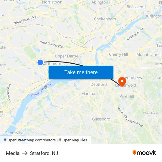 Media to Stratford, NJ map