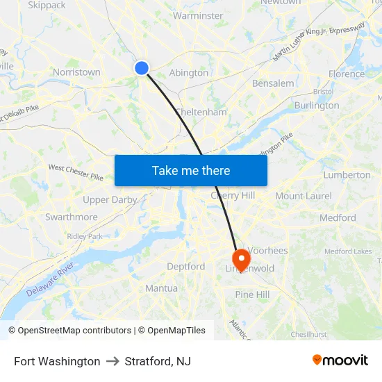 Fort Washington to Stratford, NJ map