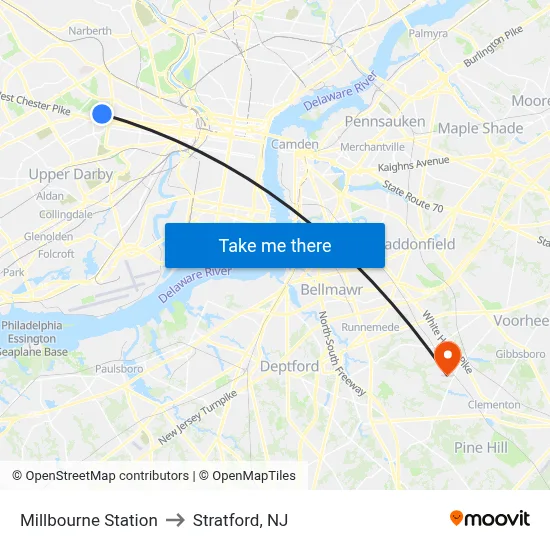 Millbourne Station to Stratford, NJ map