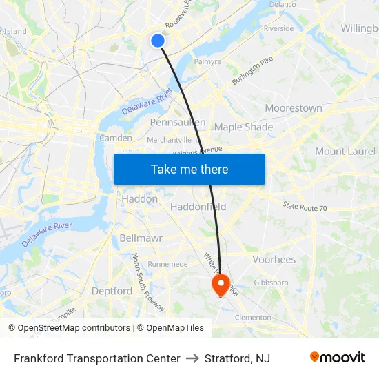 Frankford Transportation Center to Stratford, NJ map