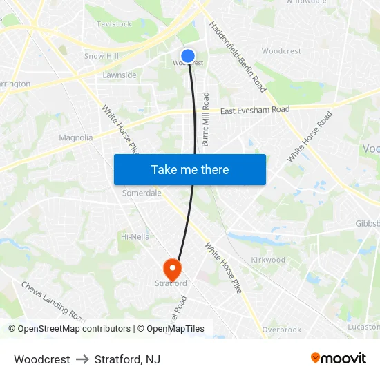 Woodcrest to Stratford, NJ map