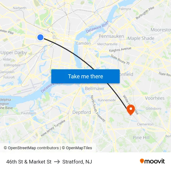 46th St & Market St to Stratford, NJ map