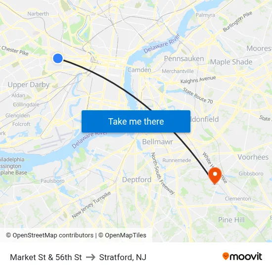 Market St & 56th St to Stratford, NJ map