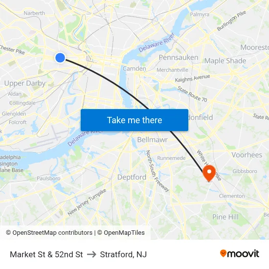 Market St & 52nd St to Stratford, NJ map