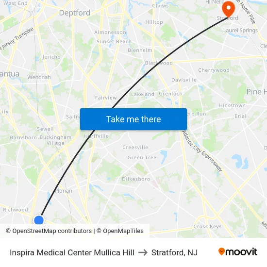 Inspira Medical Center Mullica Hill to Stratford, NJ map