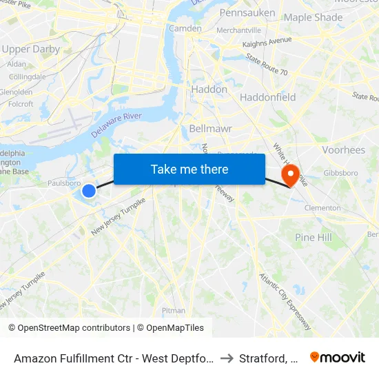 Amazon Fulfillment Ctr - West Deptford to Stratford, NJ map