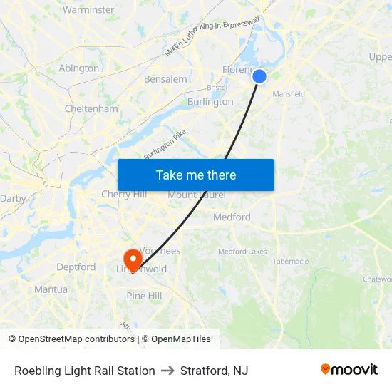 Roebling Light Rail Station to Stratford, NJ map