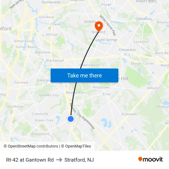 Rt-42 at Gantown Rd to Stratford, NJ map