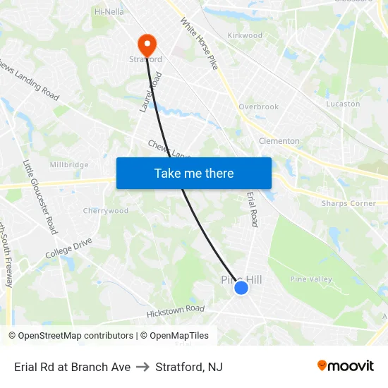 Erial Rd at Branch Ave to Stratford, NJ map