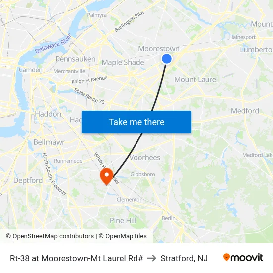 Rt-38 at Moorestown-Mt Laurel Rd# to Stratford, NJ map