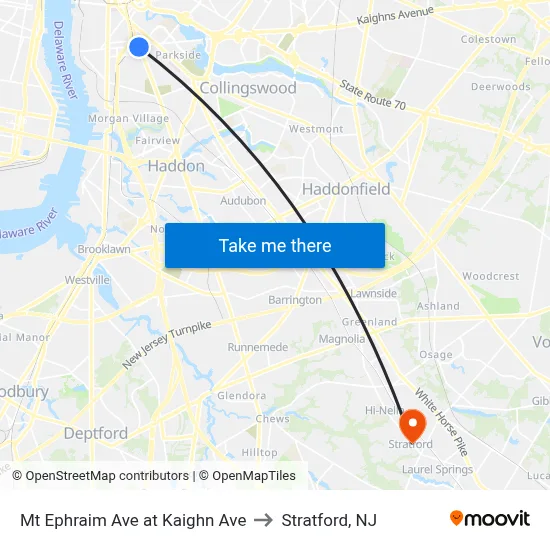 Mt Ephraim Ave at Kaighn Ave to Stratford, NJ map