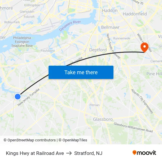 Kings Hwy at Railroad Ave to Stratford, NJ map