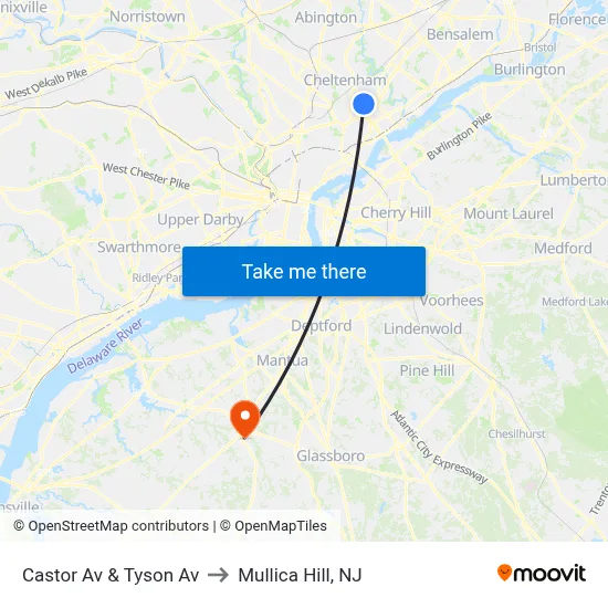 Castor Av & Tyson Av to Mullica Hill, NJ map