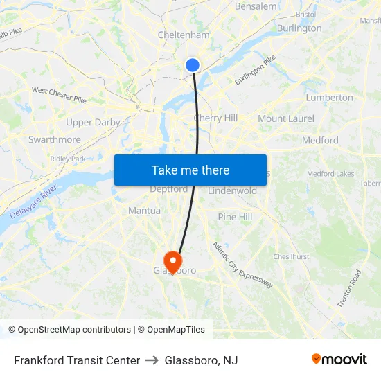 Frankford Transit Center to Glassboro, NJ map