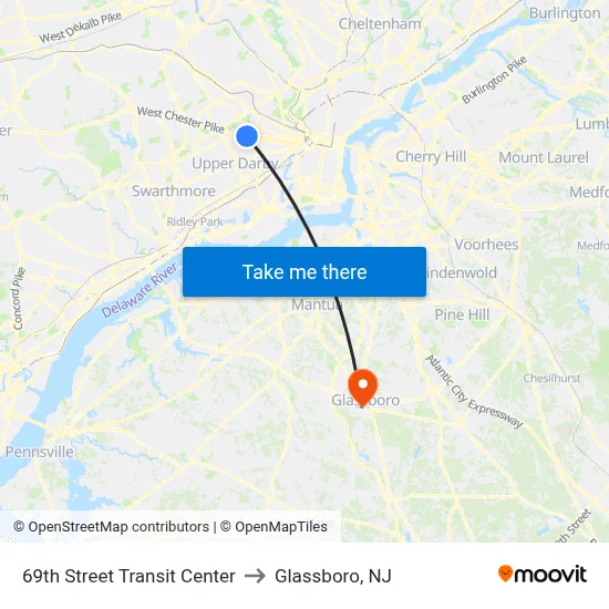 69th Street Transit Center to Glassboro, NJ map