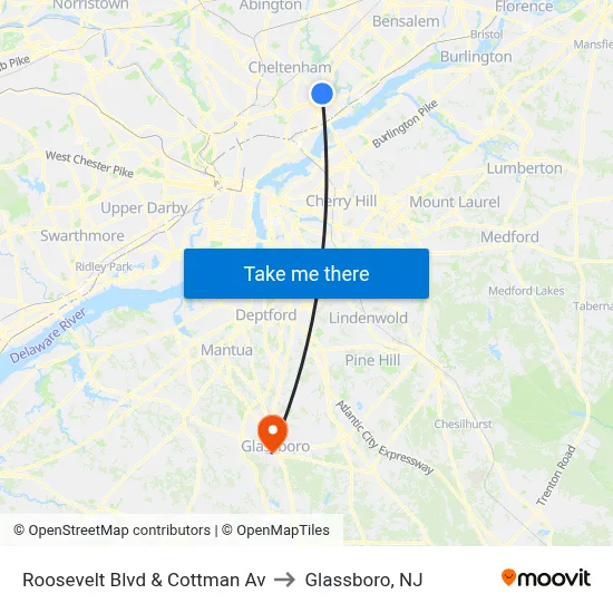 Roosevelt Blvd & Cottman Av to Glassboro, NJ map