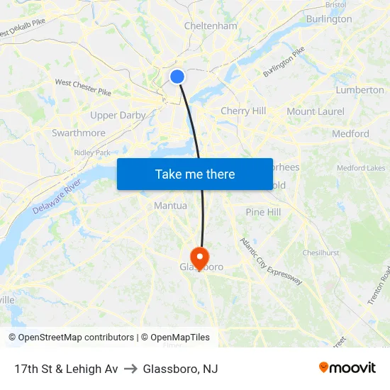 17th St & Lehigh Av to Glassboro, NJ map