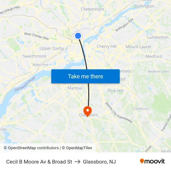 Cecil B Moore Av & Broad St to Glassboro, NJ map