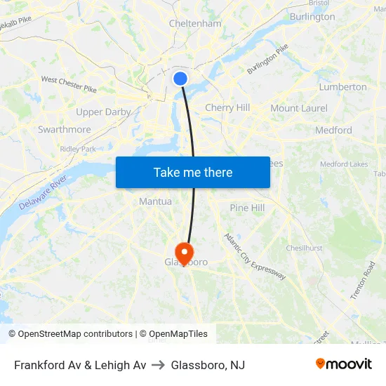 Frankford Av & Lehigh Av to Glassboro, NJ map