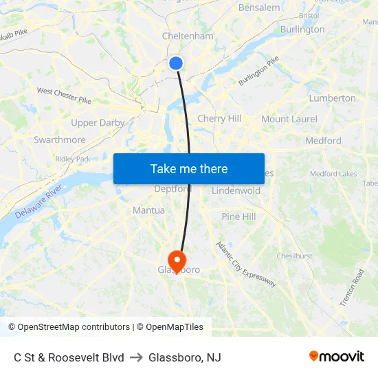 C St & Roosevelt Blvd to Glassboro, NJ map