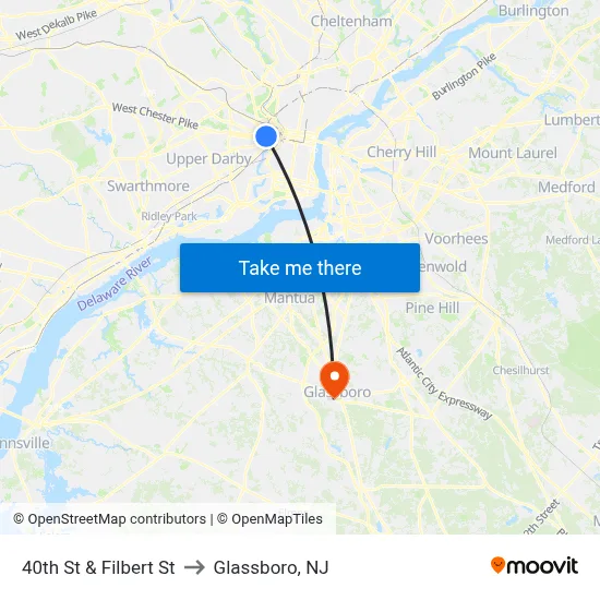 40th St & Filbert St to Glassboro, NJ map