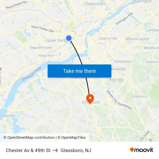 Chester Av & 49th St to Glassboro, NJ map