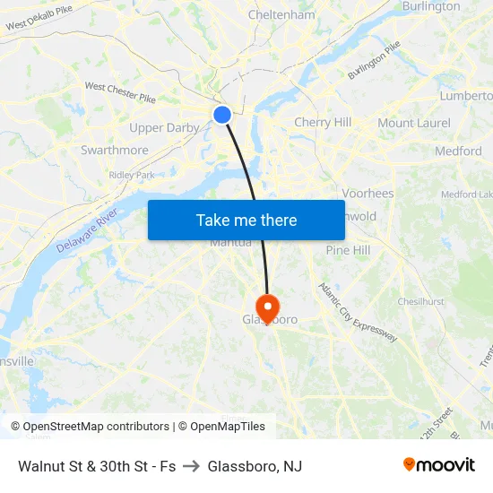 Walnut St & 30th St - Fs to Glassboro, NJ map