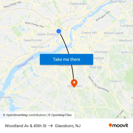 Woodland Av & 40th St to Glassboro, NJ map