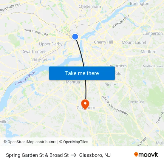 Spring Garden St & Broad St to Glassboro, NJ map