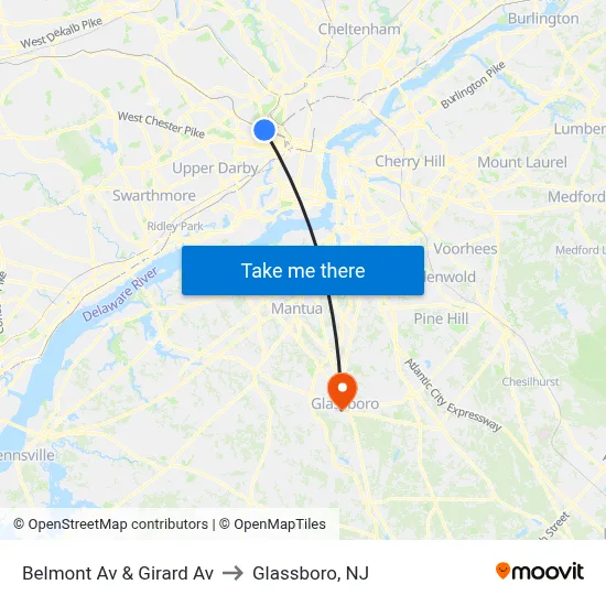 Belmont Av & Girard Av to Glassboro, NJ map