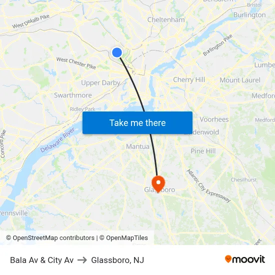 Bala Av & City Av to Glassboro, NJ map