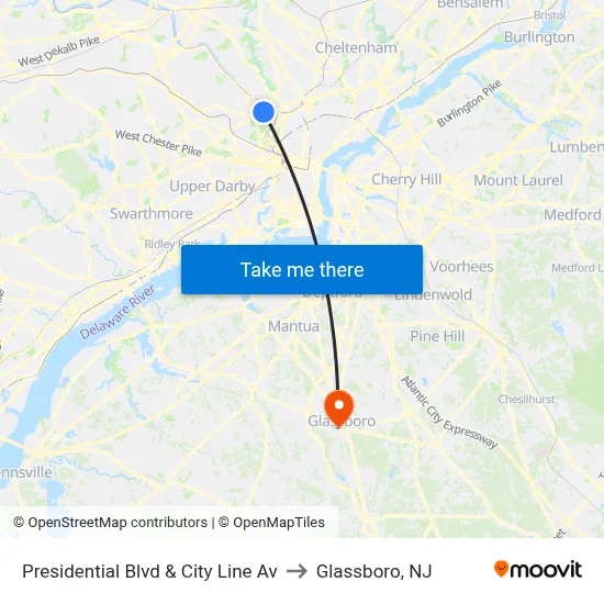 Presidential Blvd & City Line Av to Glassboro, NJ map